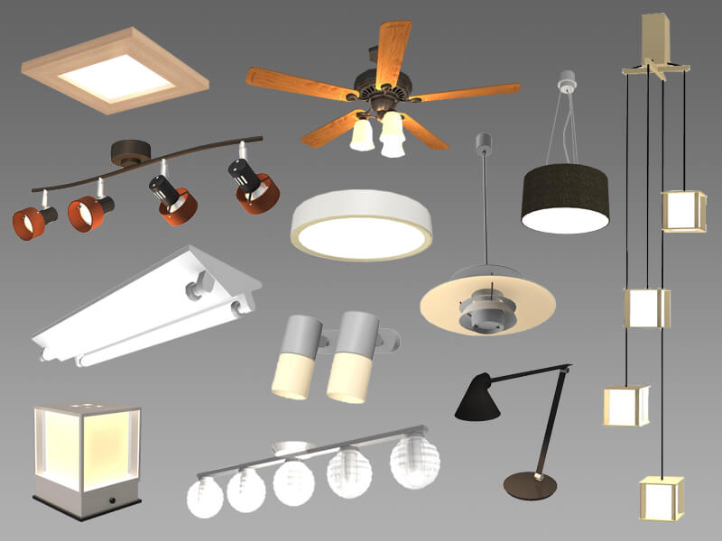 多数の照明を収録・光源設定も。天井照明やダウンライト、吊りライト、フロアライトなど、照明器具を多数収録。