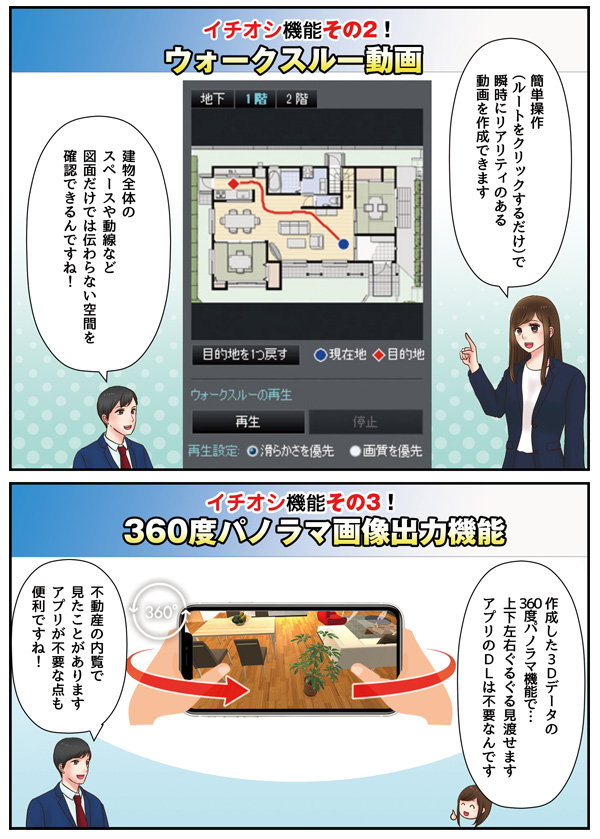 イチオシ機能その2！ウォークスルー動画　その3！360度パノラマ画像出力機能
