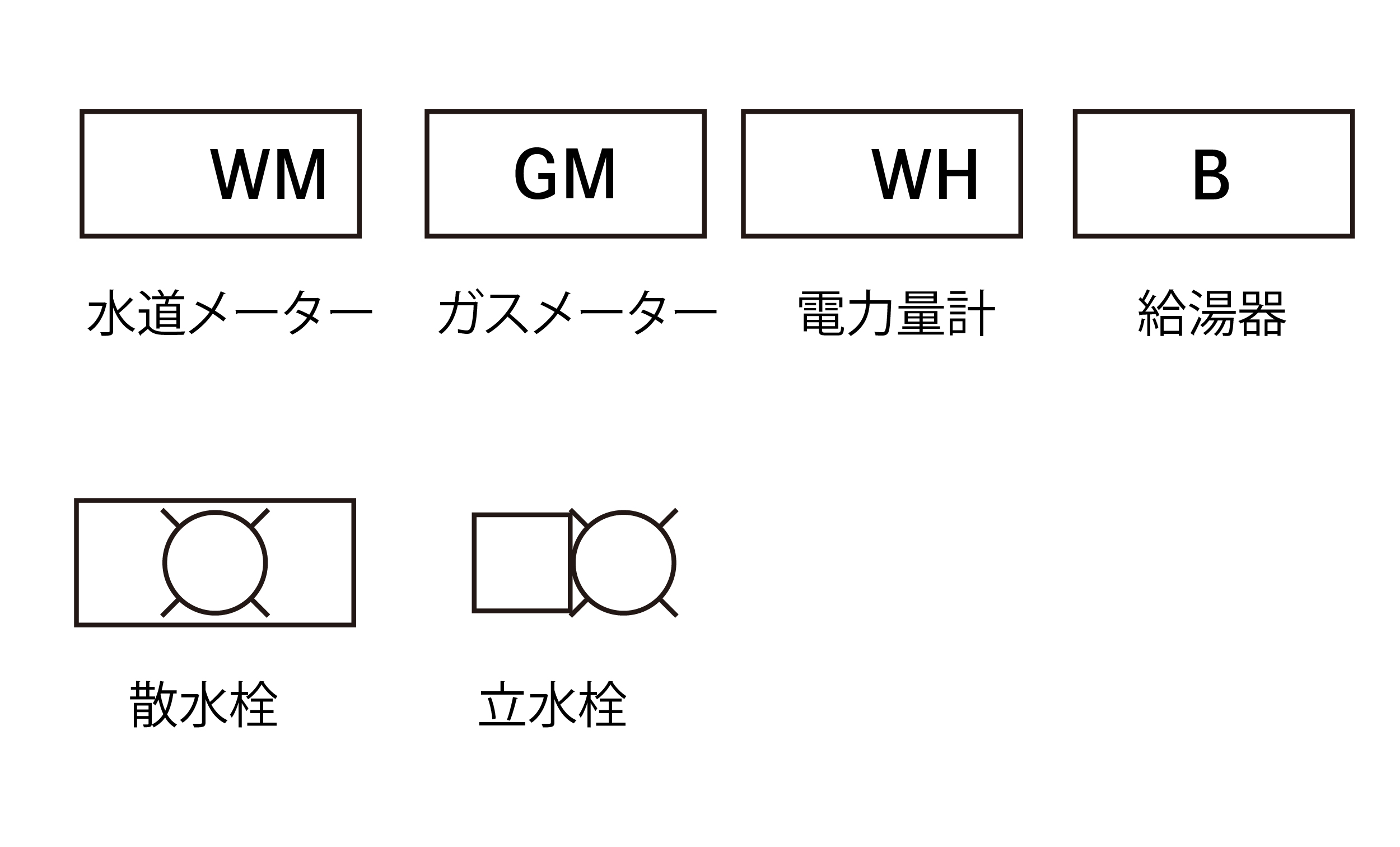 屋外設備記号 水道メーター ガスメーター 電力量計 給湯器 散水栓 立水栓