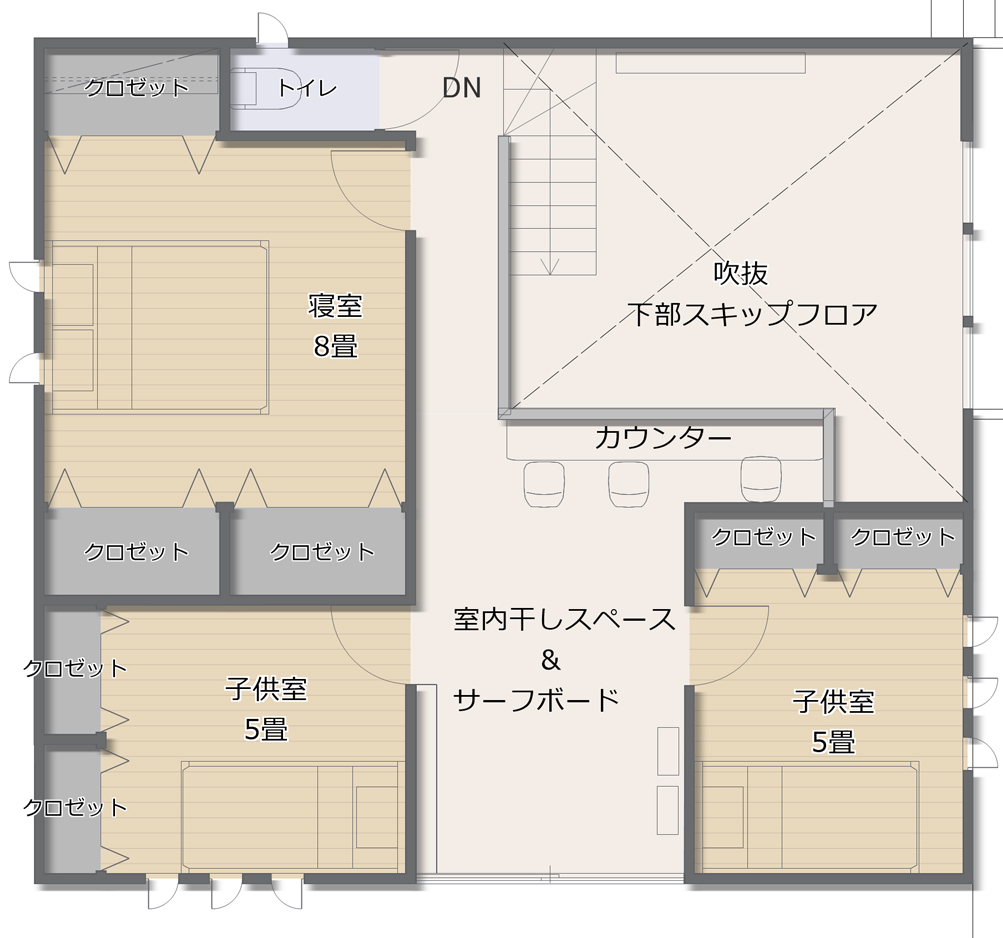 自然あふれる郊外の一戸建て住居の間取り