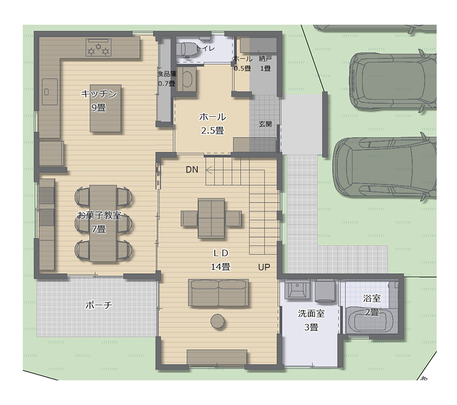 自然あふれる郊外の一戸建て住居の間取り