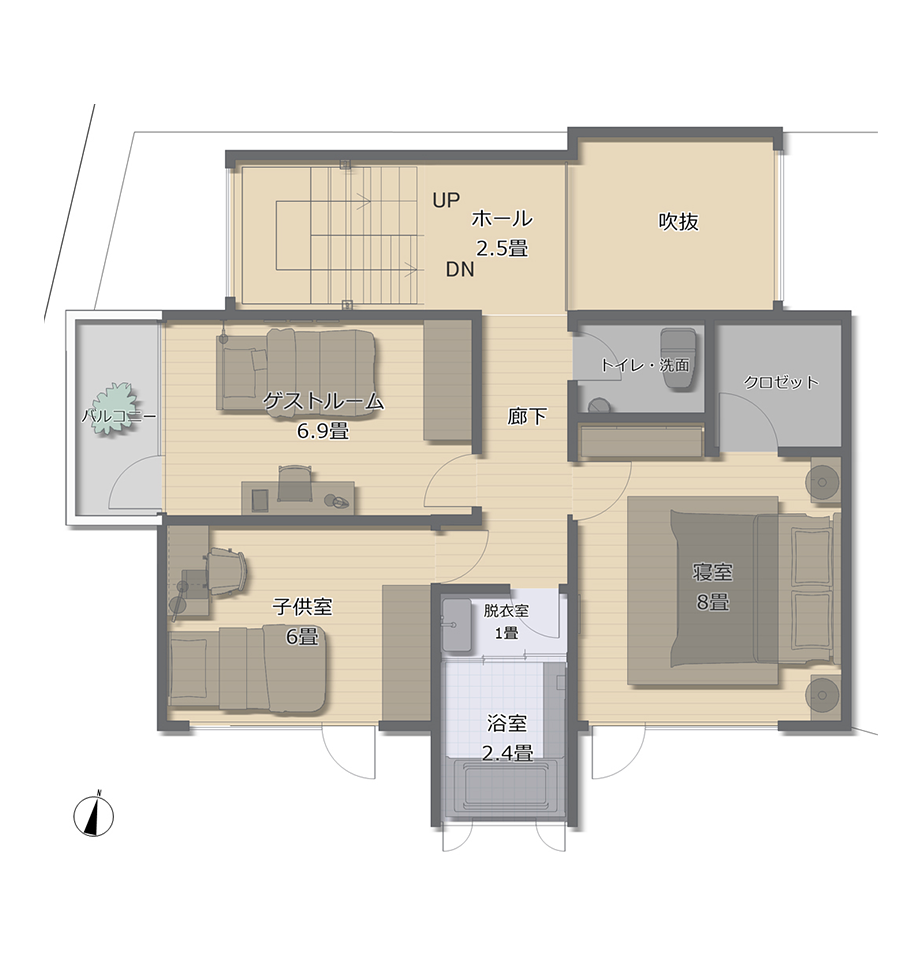 自然あふれる郊外の一戸建て住居の間取り