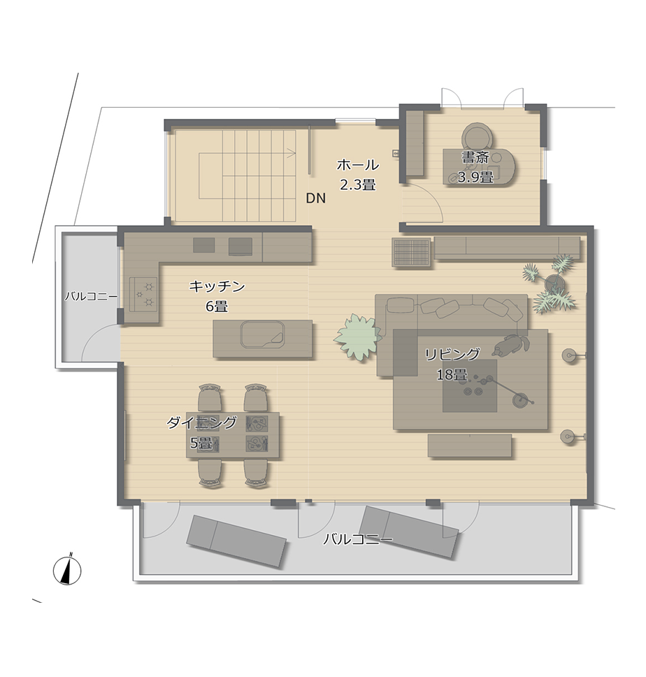 自然あふれる郊外の一戸建て住居の間取り