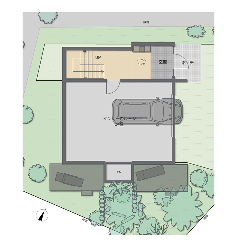 自然あふれる郊外の一戸建て住居の間取り