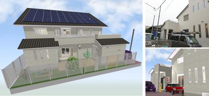 マイホームデザイナー活用事例「中庭のある2世帯の白い家」・外観イメージと写真