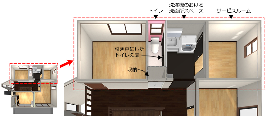 マイホームデザイナー活用事例「築20年軽量鉄骨住宅の2F水回りリフォーム」2階リフォームポイント