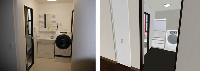 マイホームデザイナー活用事例「築20年軽量鉄骨住宅の2F水回りリフォーム」洗面スペースの完成写真とイメージ