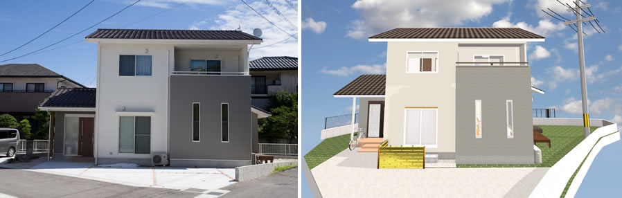マイホームデザイナー活用事例「シンプルモダン」完成写真（左）と外観イメージ（右）