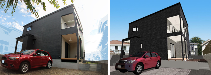 マイホームデザイナー活用事例「大きな吹き抜け空間のある和モダンな家」完成写真と外観イメージ