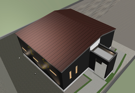 マイホームデザイナー活用事例「Cafe 245 音楽と食事の店開店」あずき色の屋根