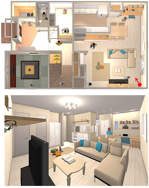 マイホームデザイナー活用事例「ドイツ風の家」内観（下段は赤●の位置から矢印の方向を見た室内イメージ）