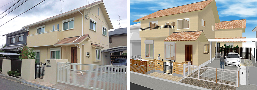マイホームデザイナー活用事例「プロバンス風住宅」完成写真とマイホームデザイナーで描いたイメージ