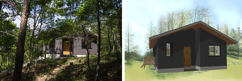 マイホームデザイナー活用事例「二人の森の家」マイホームデザイナーで描いたイメージと完成写真