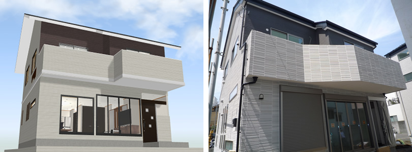 マイホームデザイナー活用事例「和モダン」完成写真とマイホームデザイナーで描いたイメージ