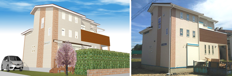 マイホームデザイナー活用事例「スキップフロアと小屋裏と日常使いができるロフトのある家」マイホームデザイナーで描いたイメージと完成写真