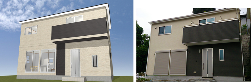 マイホームデザイナー活用事例「建築条件付き土地での間取り検討に利用」マイホームデザイナーで描いたイメージと完成写真