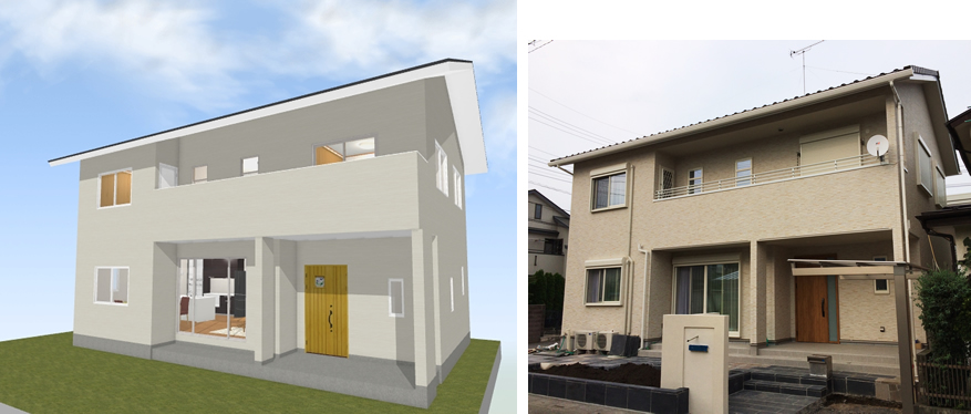 マイホームデザイナー活用事例「県民共済で建てたマイホーム」マイホームデザイナーで描いたイメージと完成写真