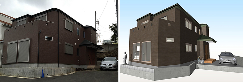 マイホームデザイナー活用事例「上下完全分離の二世帯住宅」完成写真とマイホームデザイナーで描いたイメージ