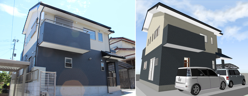 マイホームデザイナー活用事例「夢のマイホーム」完成写真と3Dマイホームデザイナーで作成したイメージ