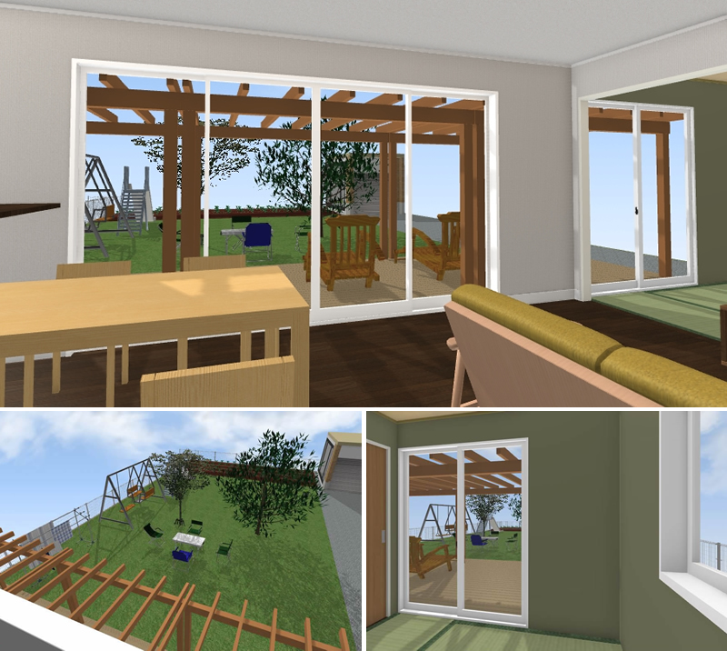 マイホームデザイナー活用事例「大きな庭が見える家」マイホームデザイナーで確認した部屋からの庭のイメージ