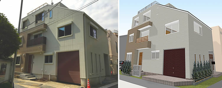 マイホームデザイナー活用事例「２世帯３階建て住宅」完成写真と外観イメージ