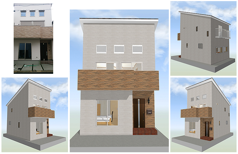 マイホームデザイナー活用事例「100点満点の我が家」完成写真と3Dマイホームデザイナーで作成した外観イメージ
