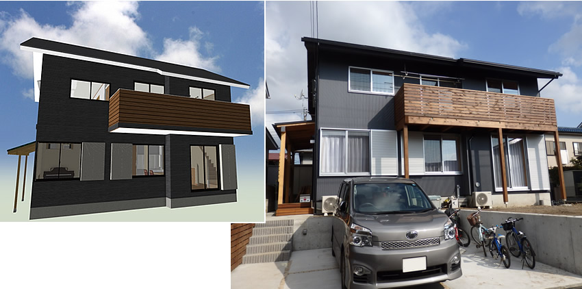 マイホームデザイナー活用事例「こだわりの我が家」外観イメージと完成写真