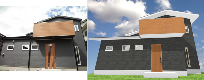 マイホームデザイナー活用事例「収納力と開放性を両立させた家」完成写真と外観イメージ