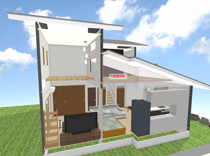 マイホームデザイナー活用事例「収納力と開放性を両立させた家」下屋裏収納のイメージ