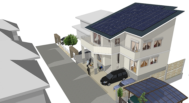 マイホームデザイナー活用事例「片流れ、太陽光パネル搭載のマイホームです」近隣の中に配置したH様邸