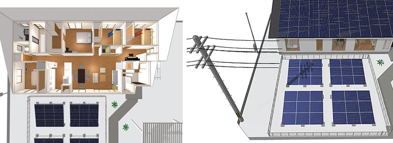 マイホームデザイナー活用事例「ソーラーハウス」室内イメージとソーラーパネルへの日影シミュレーション
