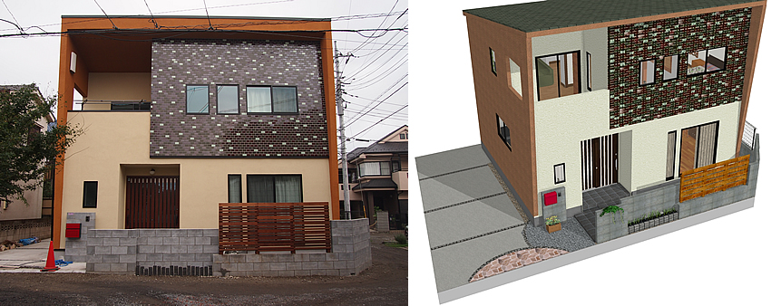 マイホームデザイナー活用事例「昭和レトロの四角い家昭和レトロの四角い家」完成写真と外観イメージ