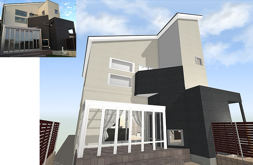 マイホームデザイナー活用事例「夢のマイホーム」完成写真と外観イメージ