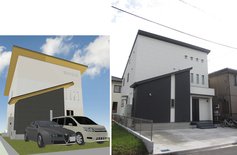 マイホームデザイナー活用事例「太陽光全量買い取り対応の和モダン住宅」外観イメージと完成写真