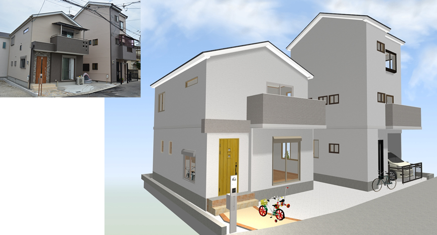 マイホームデザイナー活用事例「セカンドハウスのリフォームと隣地への新築工事」完成写真と外観イメージ