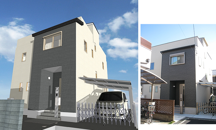 マイホームデザイナー活用事例「初めての家造り」外観イメージと完成写真