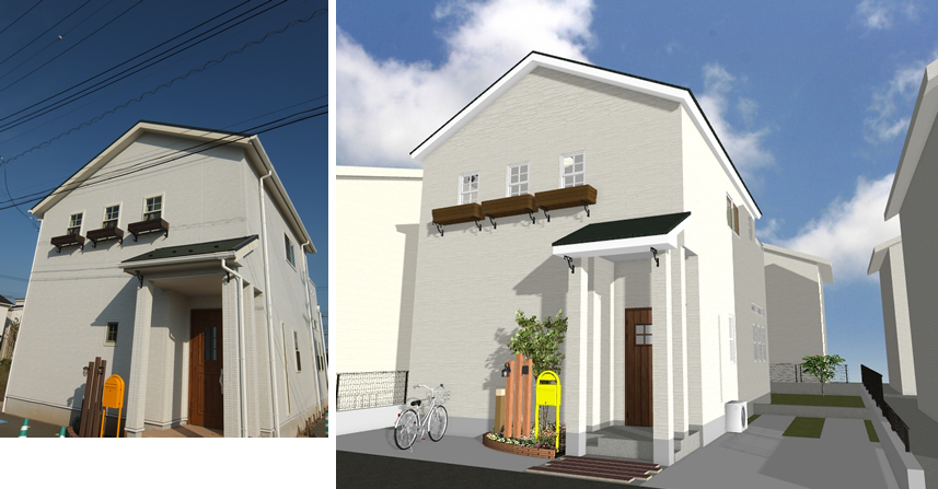 マイホームデザイナー活用事例「3連窓の家」完成写真と外観イメージ