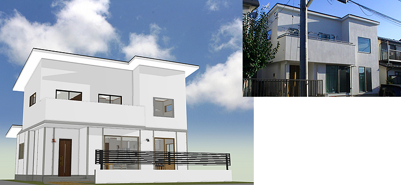 マイホームデザイナー活用事例「湘南の街にありそうな白い家」外観イメージと完成写真