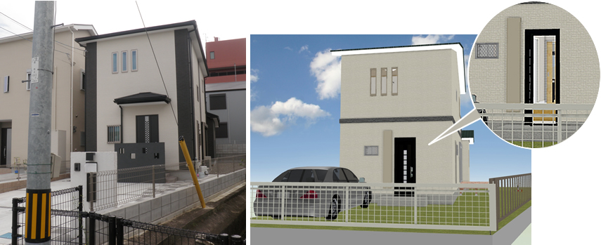 マイホームデザイナー活用事例「念願のマイホーム！！家事動線と収納にこだわった家」外観イメージと完成写真