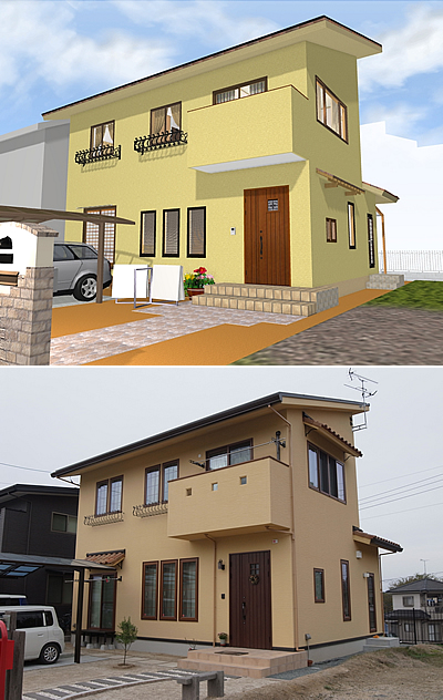 マイホームデザイナー活用事例「小さな南欧風住宅」外観イメージと完成写真