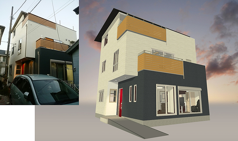 マイホームデザイナー活用事例「赤い入り口！二世帯３階」完成写真と外観イメージ