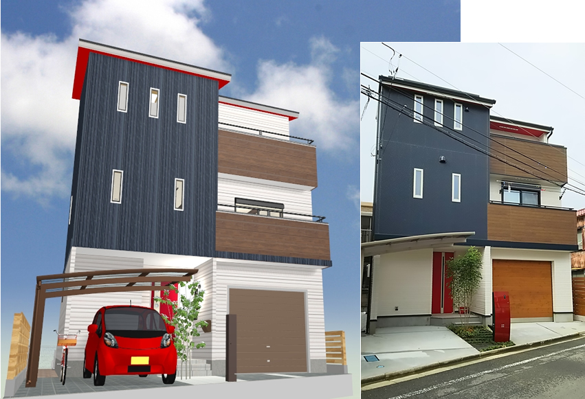 マイホームデザイナー活用事例「目いっぱい夢を詰め込んだスマートガレージハウス」外観イメージと完成写真