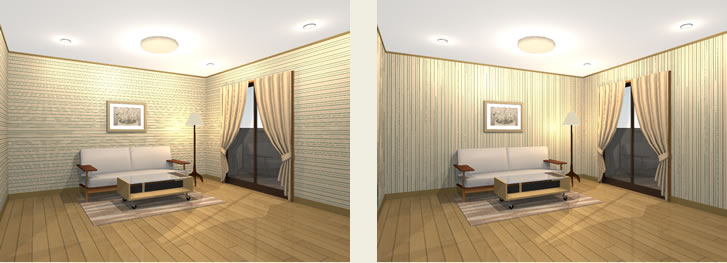 左図「壁面の柄が横ストライプの例」　右図「壁面の模様が縦ストライプの例」