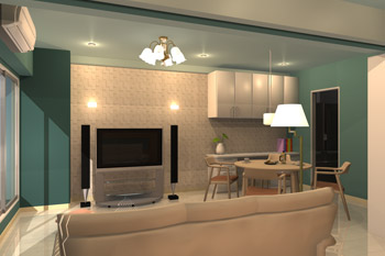 旧和室側からリビング・ダイニングを臨む（パース）