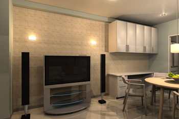 ソファーからリビング・ダイニングを臨む（パース）