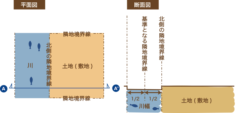 水面幅の1/2だけ外側に、基準となる北側の隣地境界線があるとみなす