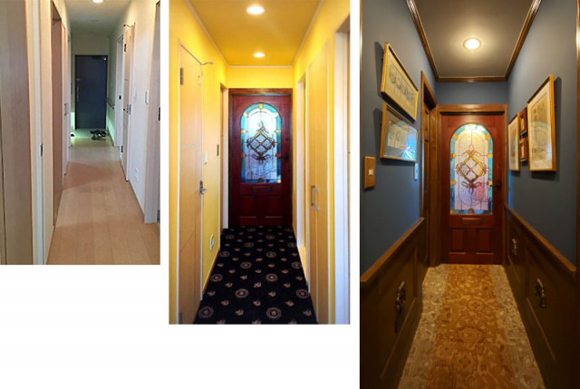 【玄関からリビングへの廊下。左：購入時はフローリングの廊下だった／中央：前回のリフォーム時／右：今回のリノベーション完了後】