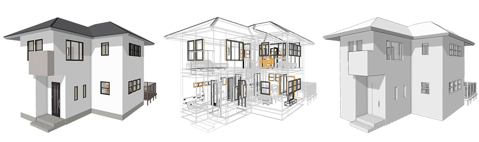 3Dアーキデザイナーで作成した住宅のデータを通常表示、ワイヤーフレーム、ホワイトモデル（輪郭強調）で表示したもの
