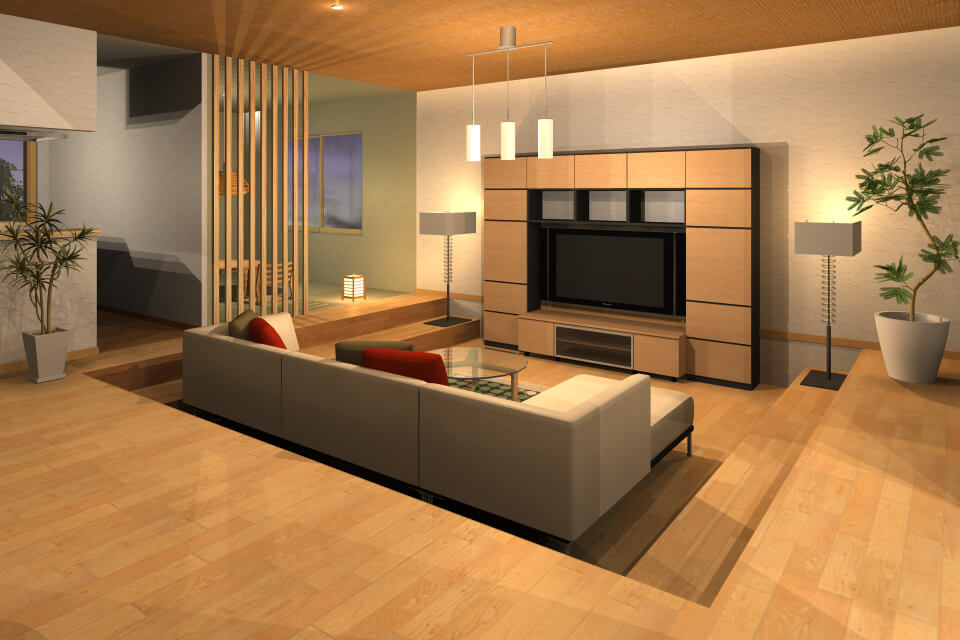 空間を緩やかに区切るダウンフロアリビング