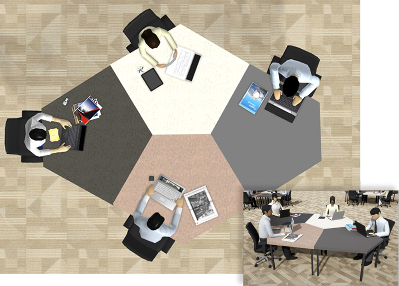 例えば、5角形のデスクを組み合わせてランダムに着席すれば、密と正面の両方を避けることができる